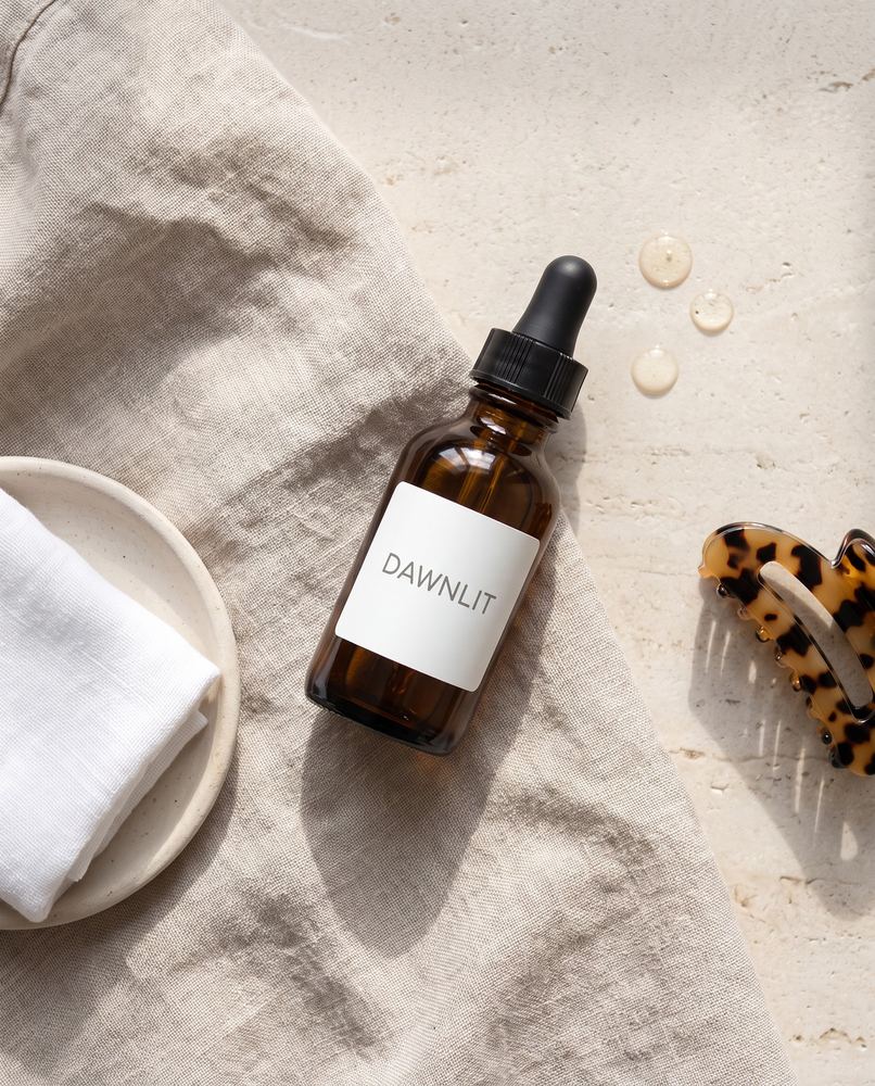 Dawnlit serum flat lay with a towel and clips
